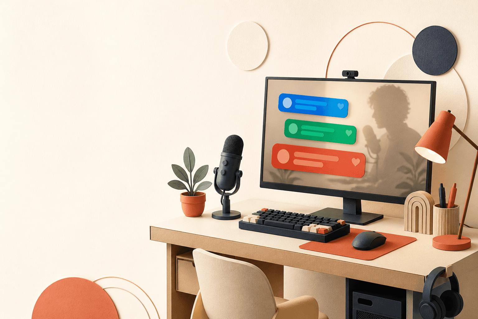 A creator desk with live blue, green, and red tip alerts on the monitor